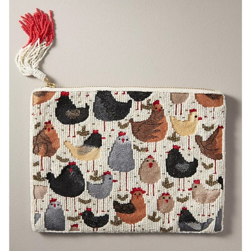 The Fiona Large Chicken Beaded Pouch Clutch Purse By Anthropologie NWT